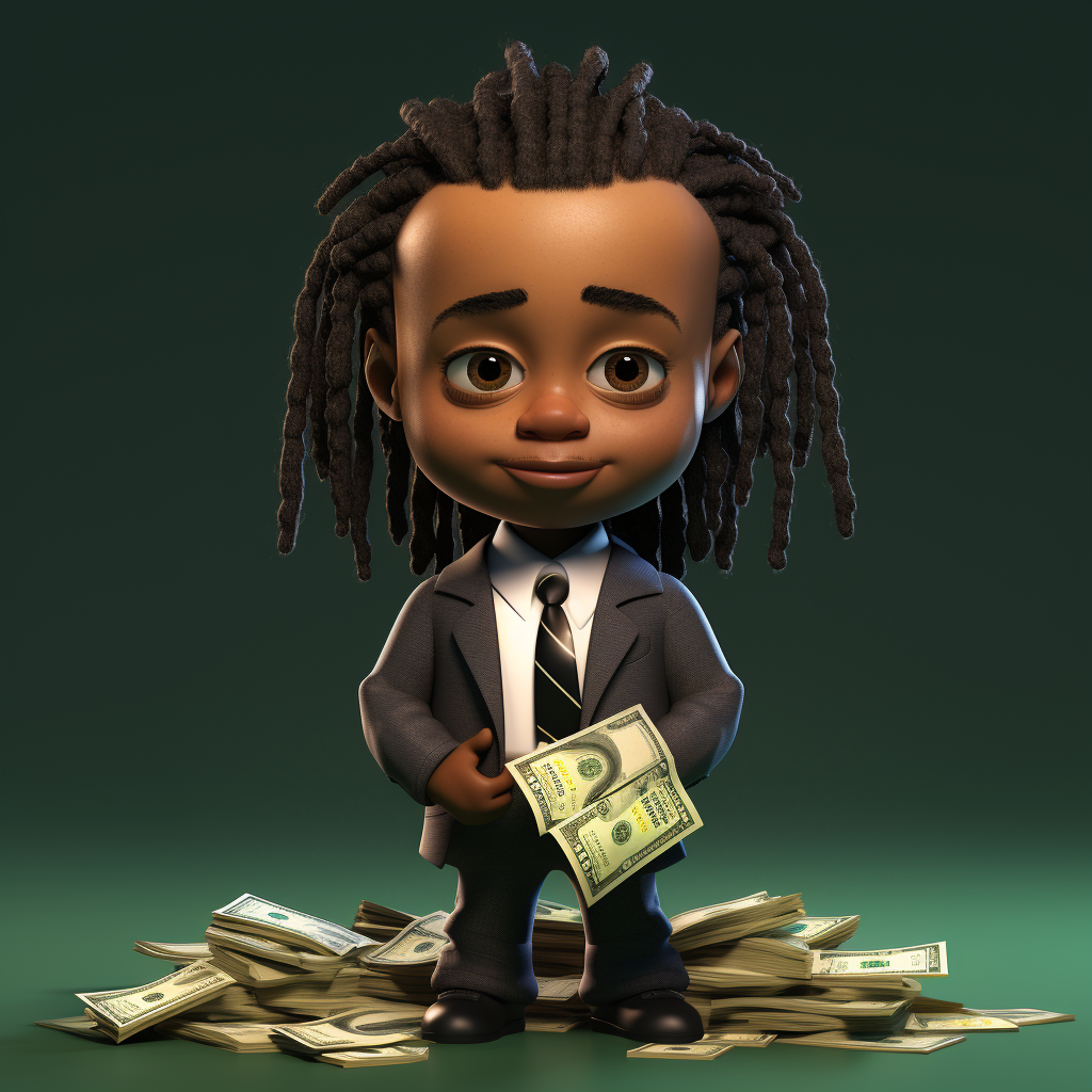 Cartoon image of black boss baby with dreads and hundred dollar bills