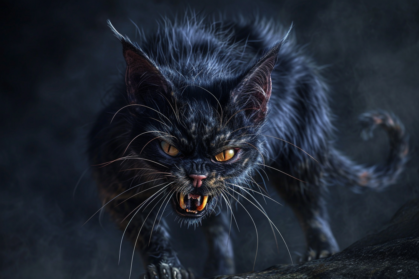 Black cat with large teeth