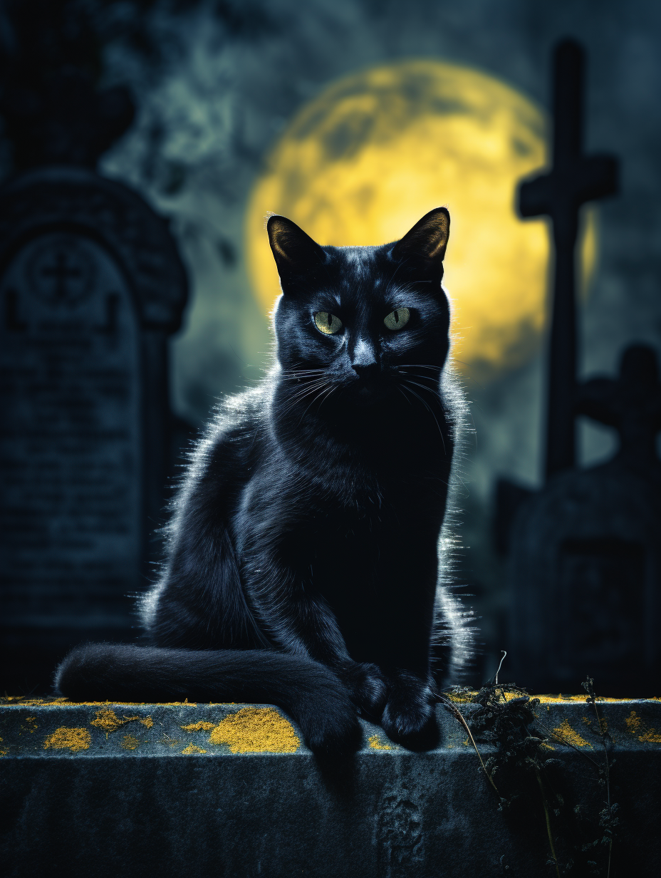 Black cat on tombstone at night