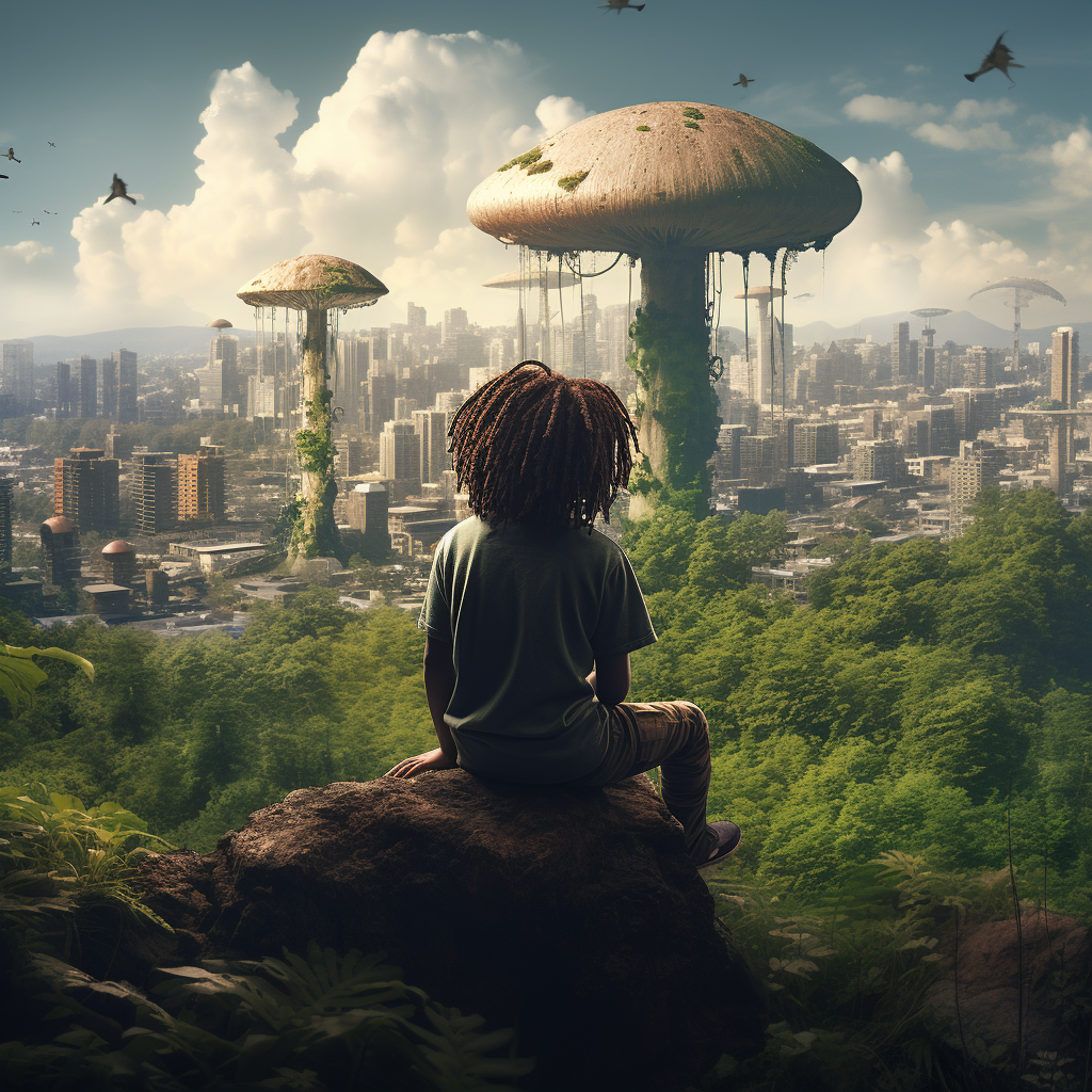 Black child sitting on mushroom in vibrant green forest