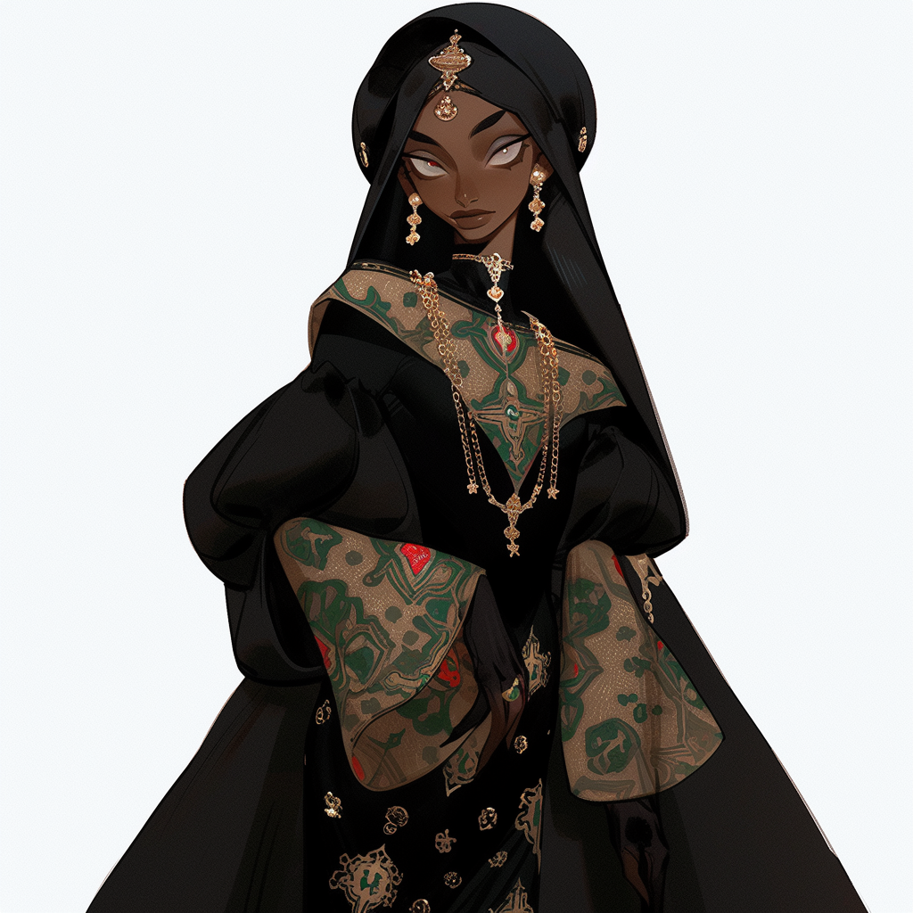 Black elven woman wearing religious vestments anime