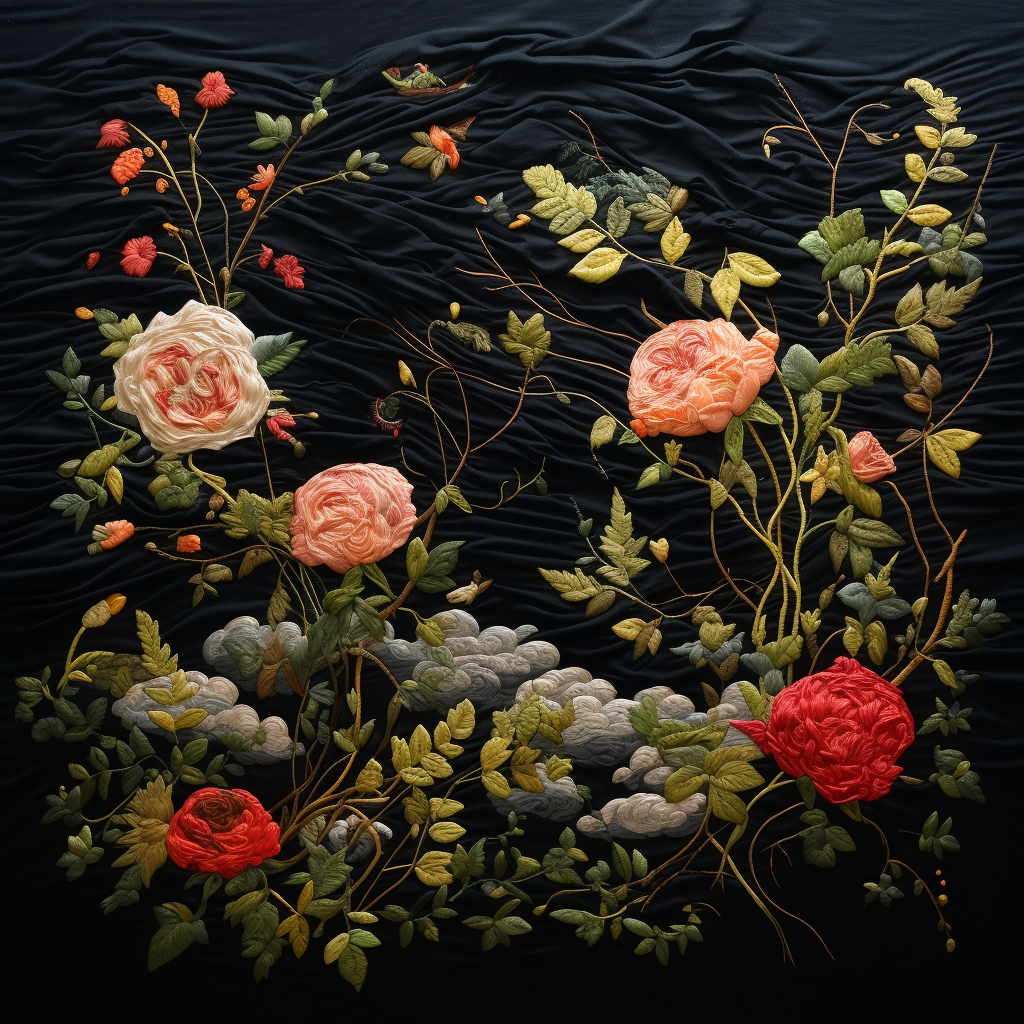 Embroidered roses on black fabric