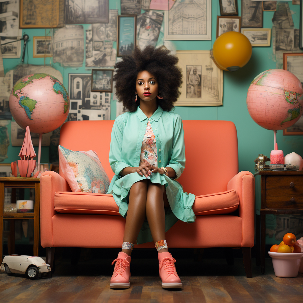 Black girl sitting with crossed legs facing camera