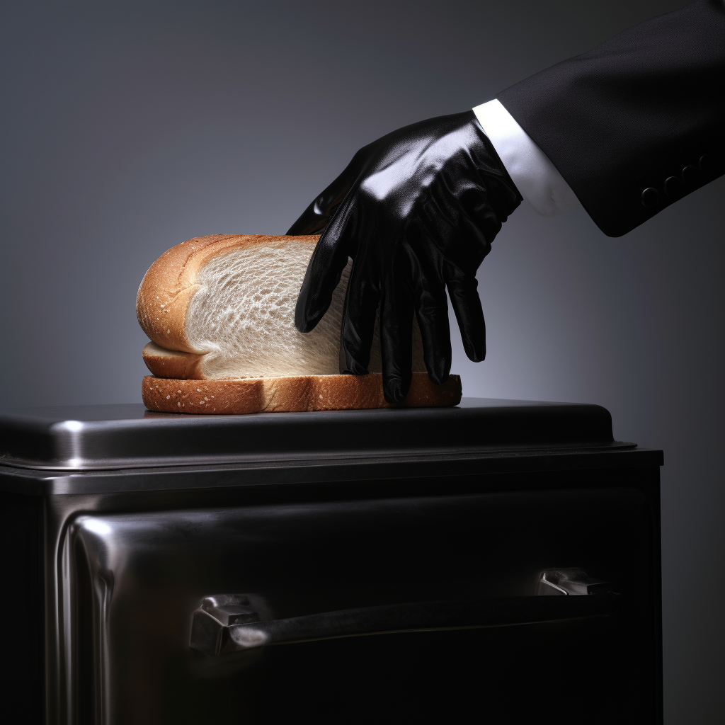 hand wearing black glove in bread bin