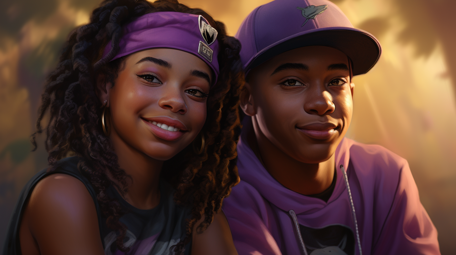 Smiling Black Highschoolers in Purple T-shirts and Caps