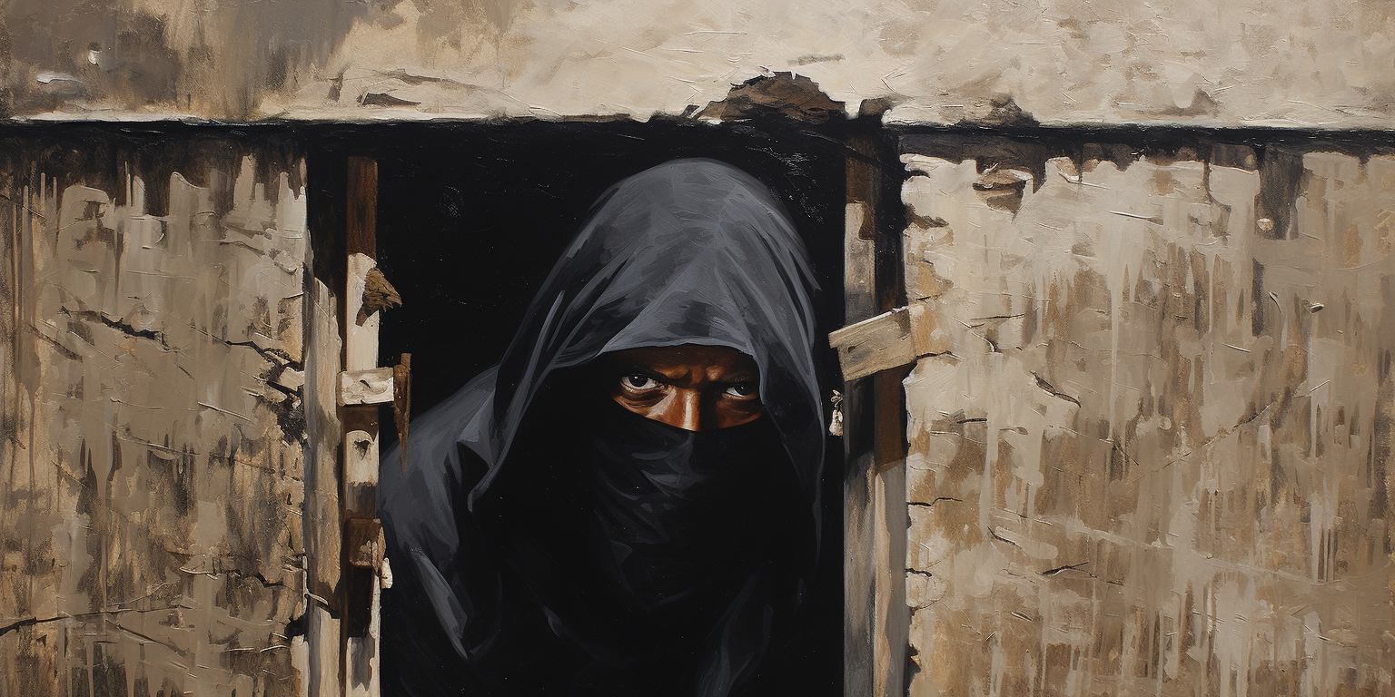 Acrylic painting of black hooded man peeping through destroyed wall