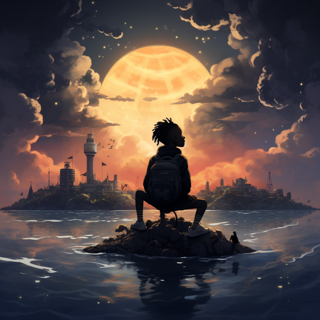 Black Kid on Floating Island with Lighthouse against Cityscape