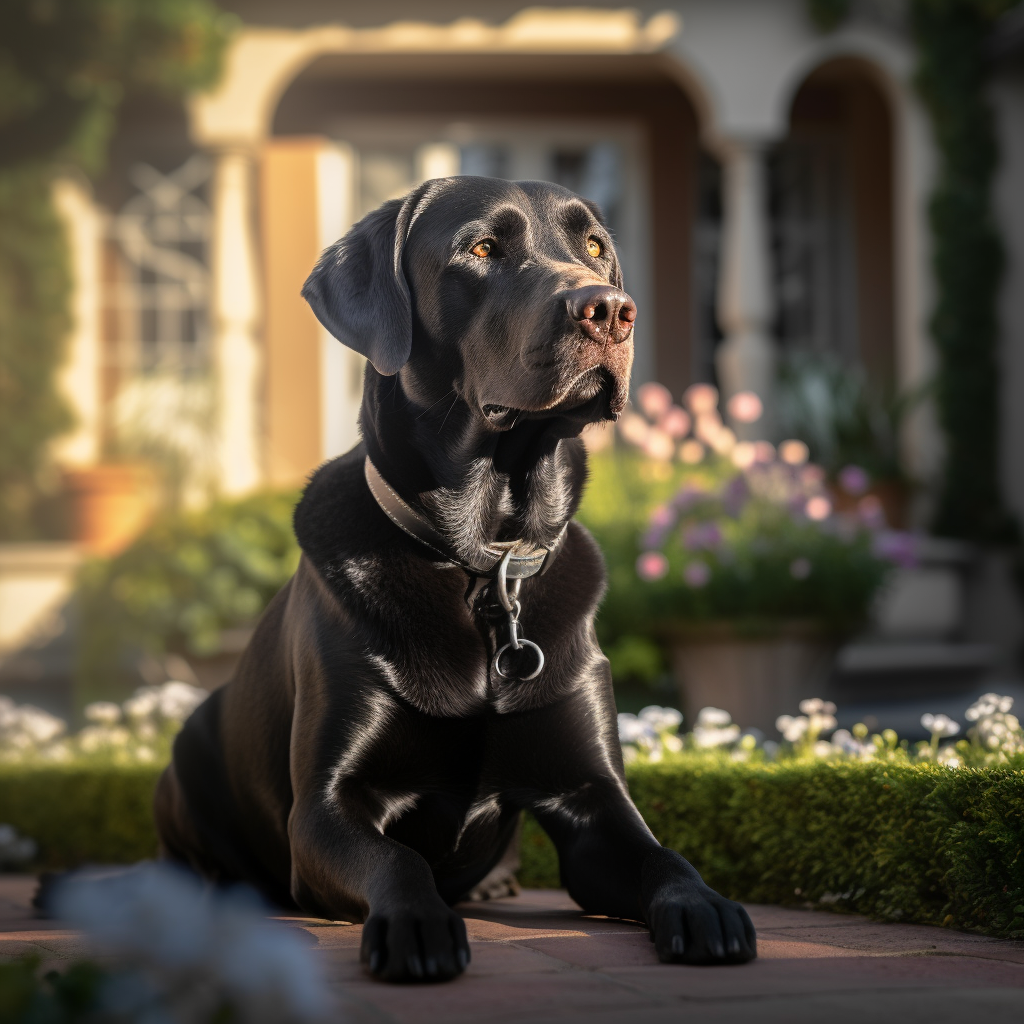 Black Labrador Sitting in Front of Beverly Hills Mansion