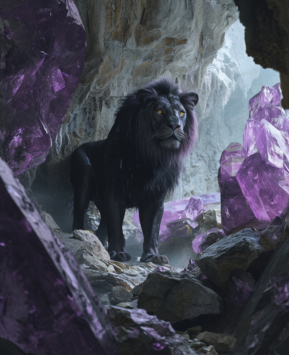 Majestic black lion with glowing eyes and purple crystals