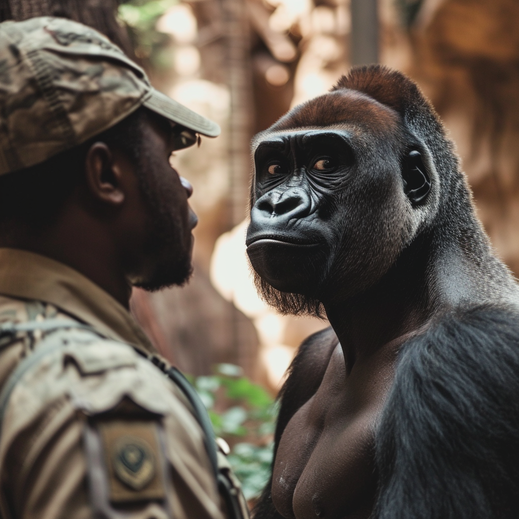 Black man standing next to gorilla at zoo