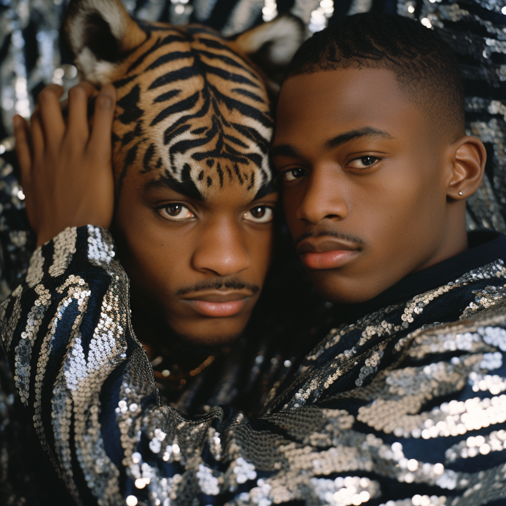 Two young Black people hugging against a Tiger sequins background