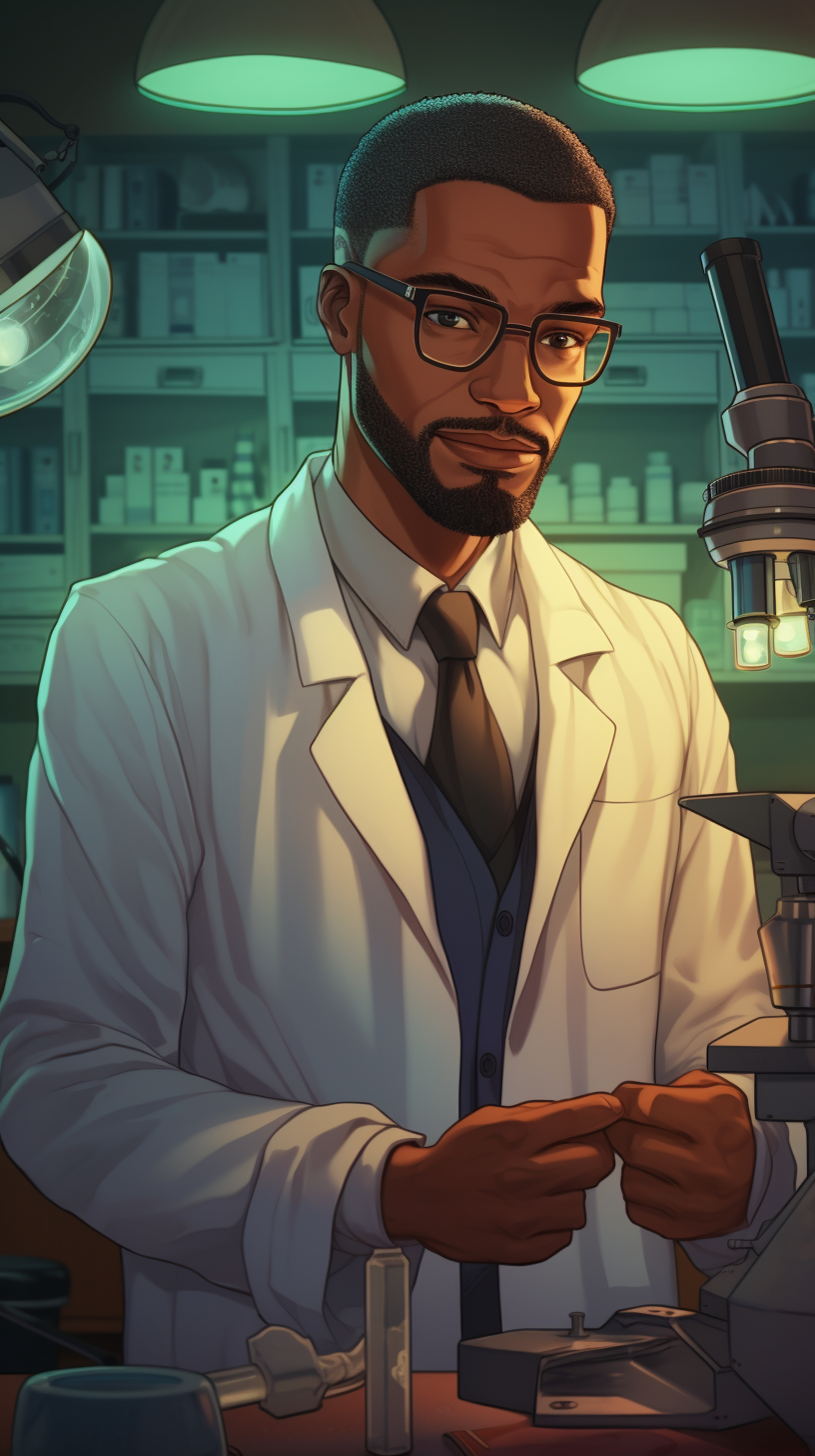 Black professor holding a microscope in lab