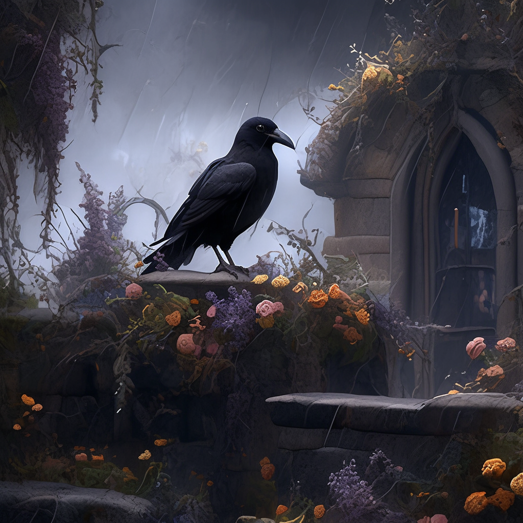 Black raven guarding eerie cottage