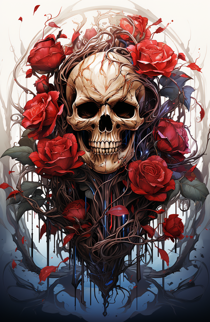 Black and red roses with macabre skull art tatoo