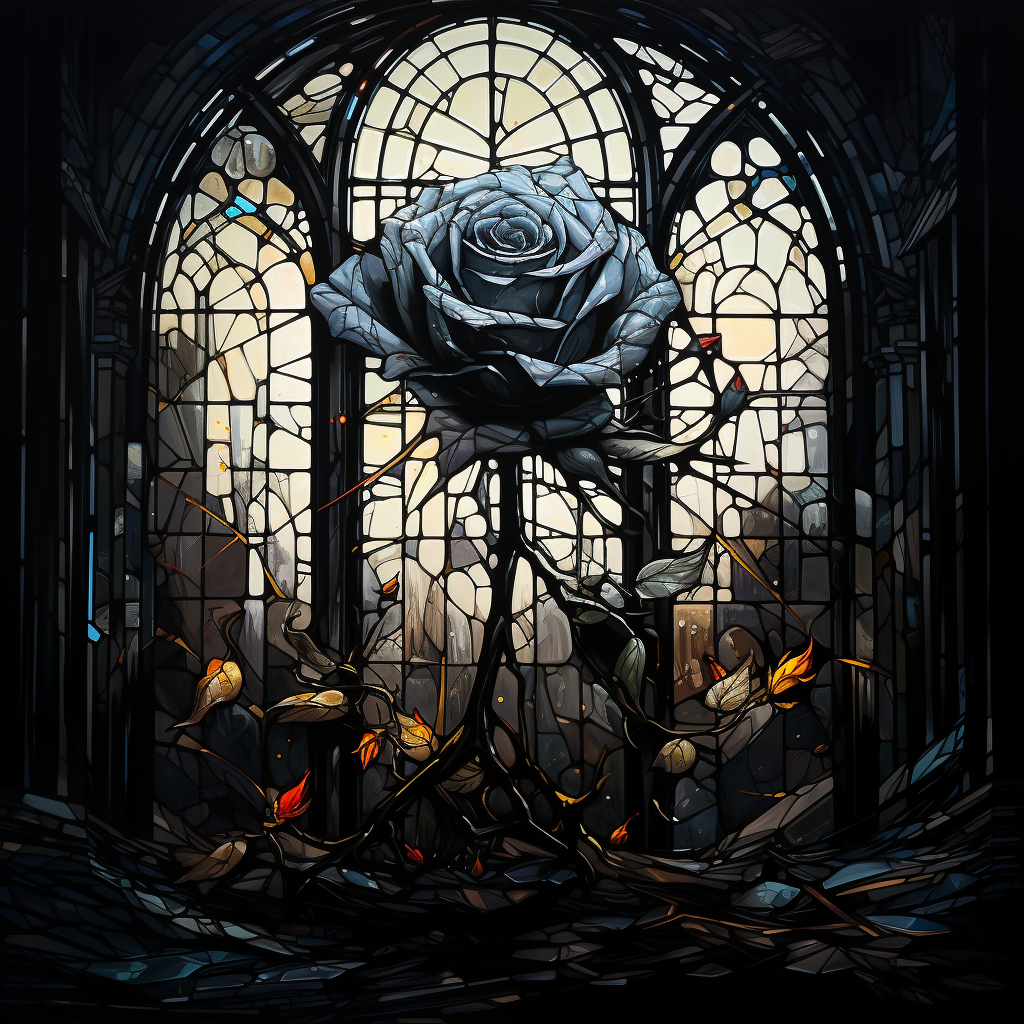 Intricate Black Rose in Stained Glass Room