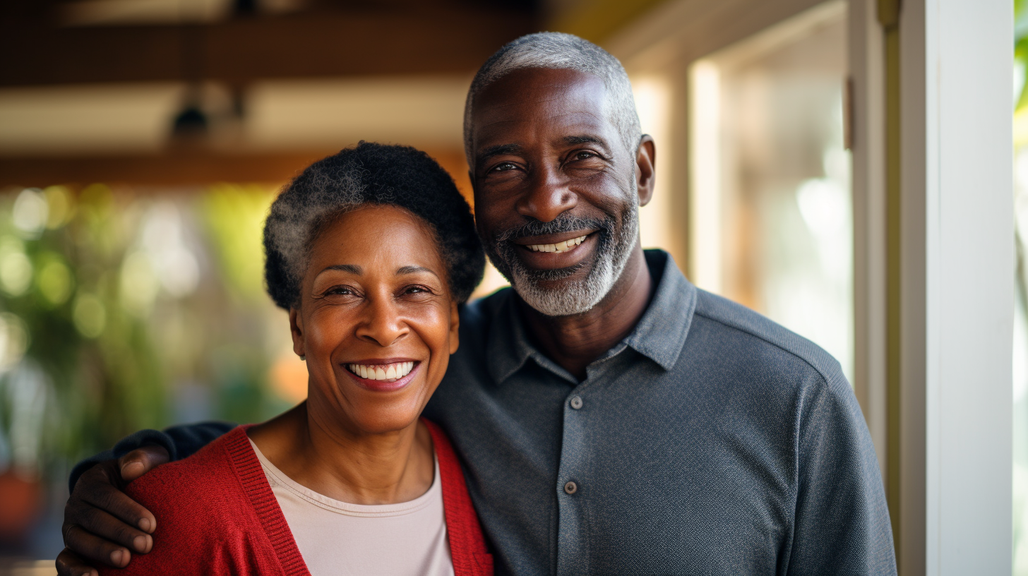 Happy black senior couple inside their house