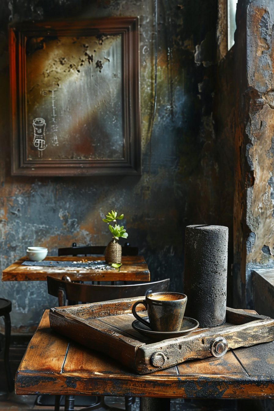 Black stone cylinder on wooden tray in cafe