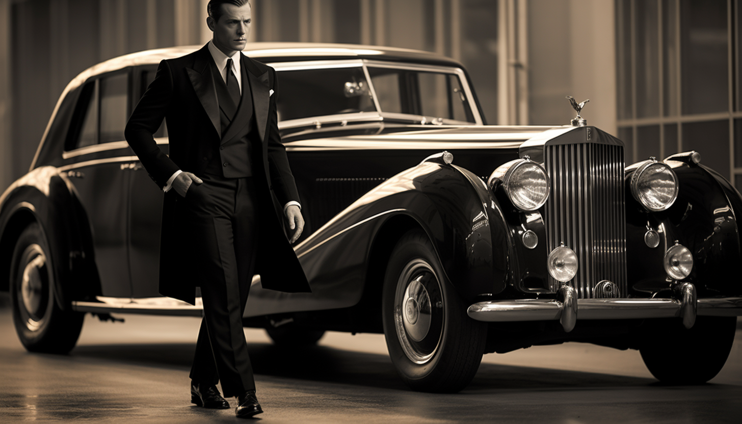 Elegant man in black suit driving luxury car