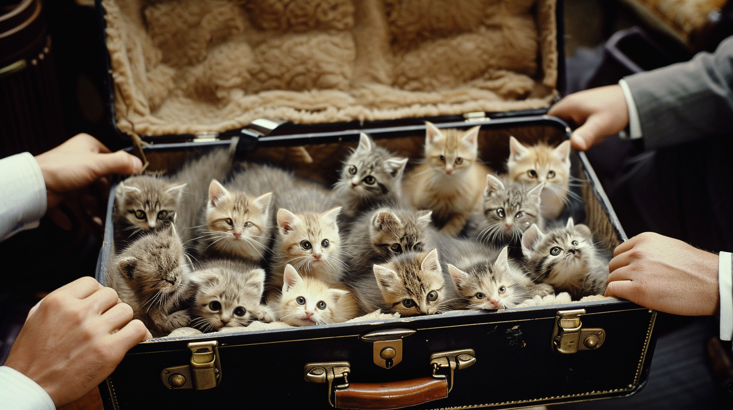 Hands holding black suitcase with playful kittens