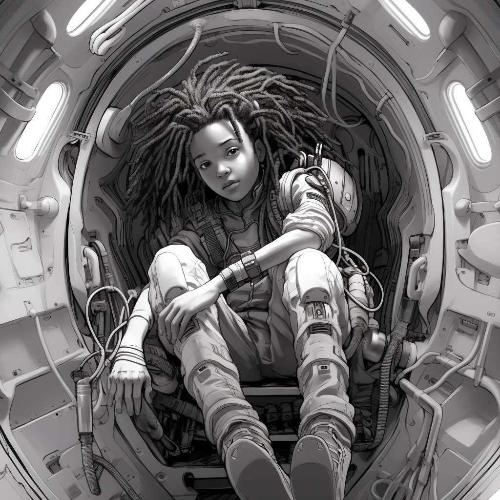 Black teenager exploring dufflebag inside spaceship