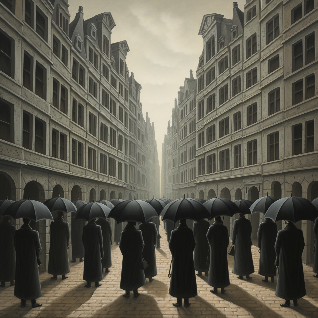 Group of People with Black Umbrellas and Buildings