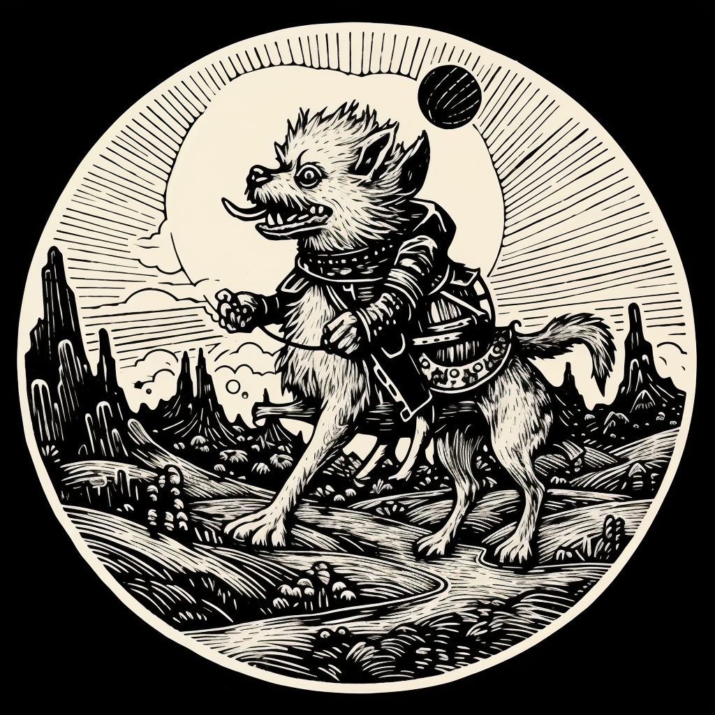 Goblin riding a dog in black and white