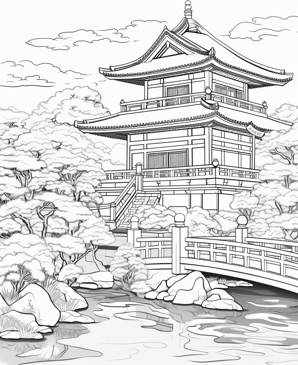 Black white landscape coloring book style