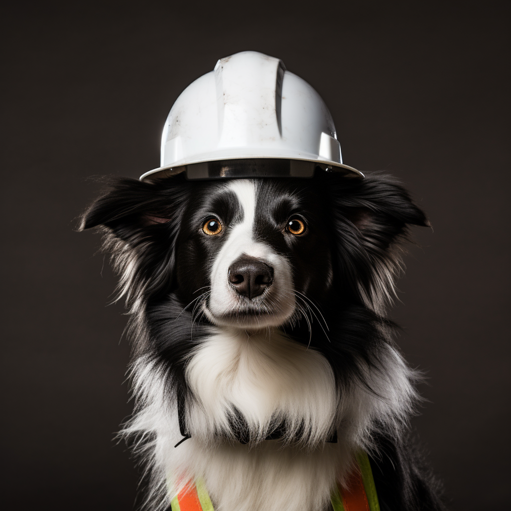 Black and white longhaired border collie with hard hat