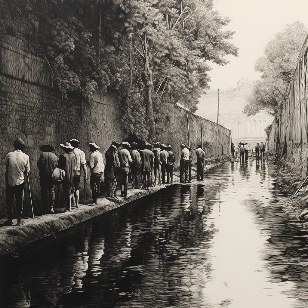 Black and white drawing of people by an irrigation canal