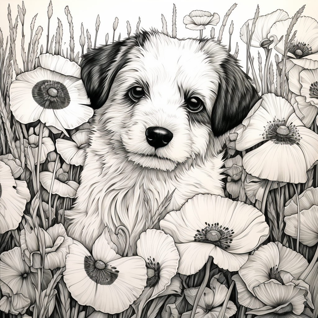 Playful puppy surrounded by colorful poppies