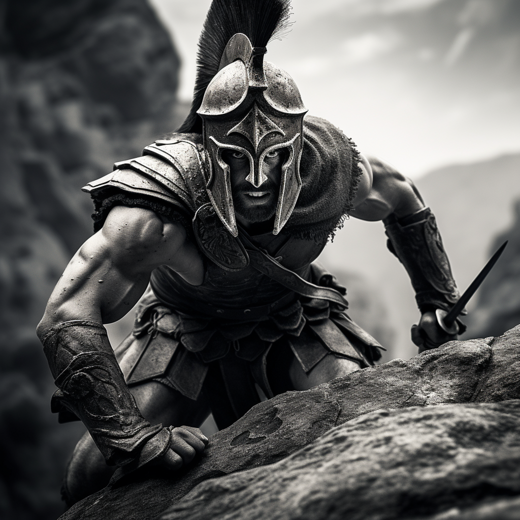 Spartan battling uphill in black and white