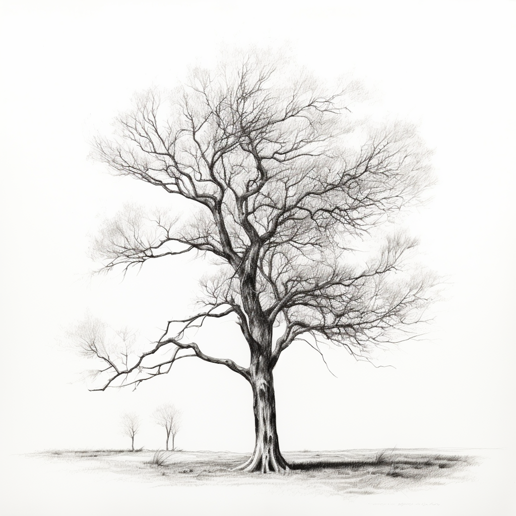 Black and white drawing of a slender tall tree