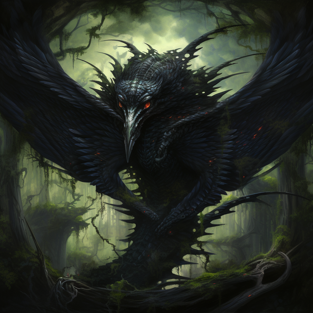 Black winged creature emerging from forest