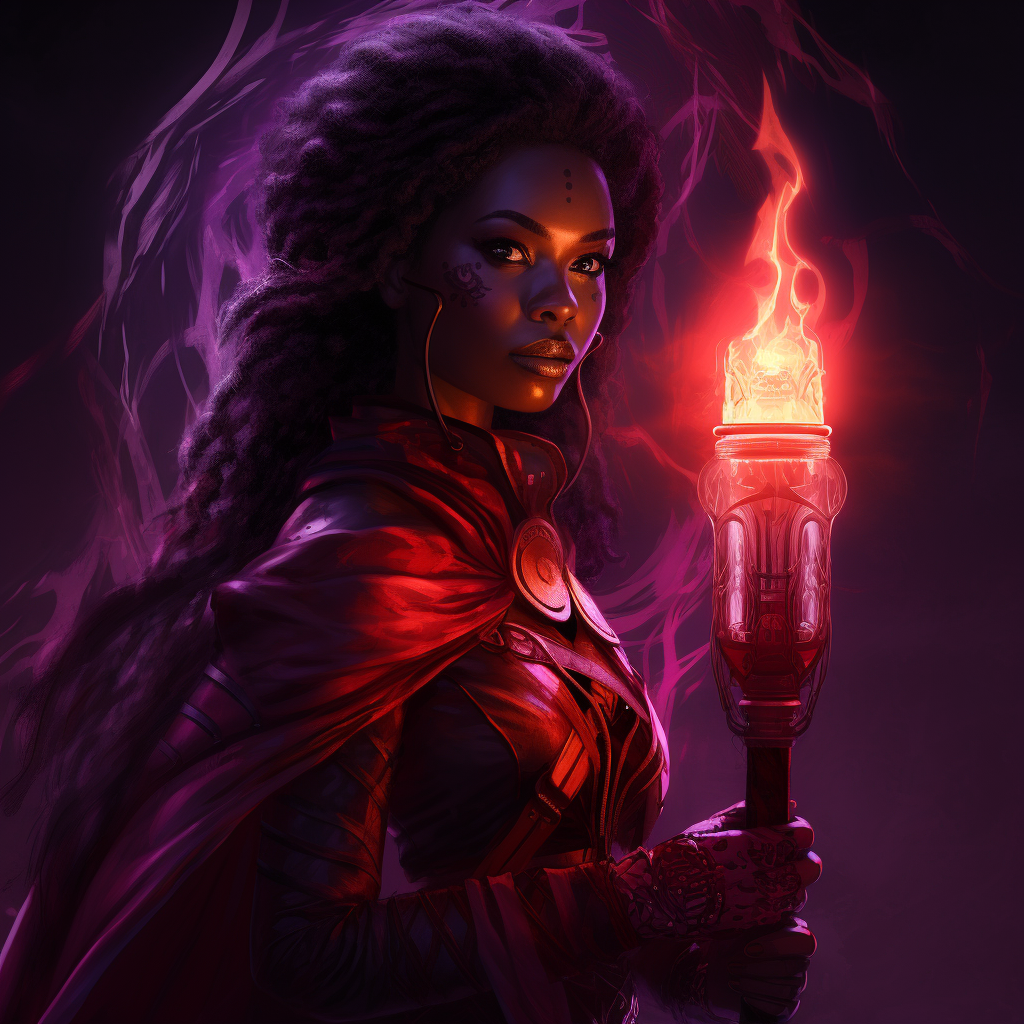 Strong black woman carrying torch in dark fantasy illustration