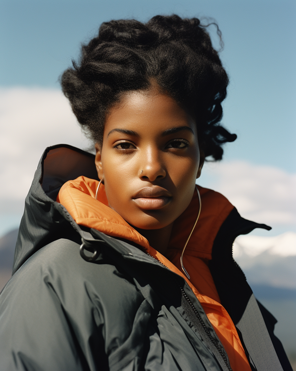 Black woman in Canada Goose streetwear on mountain