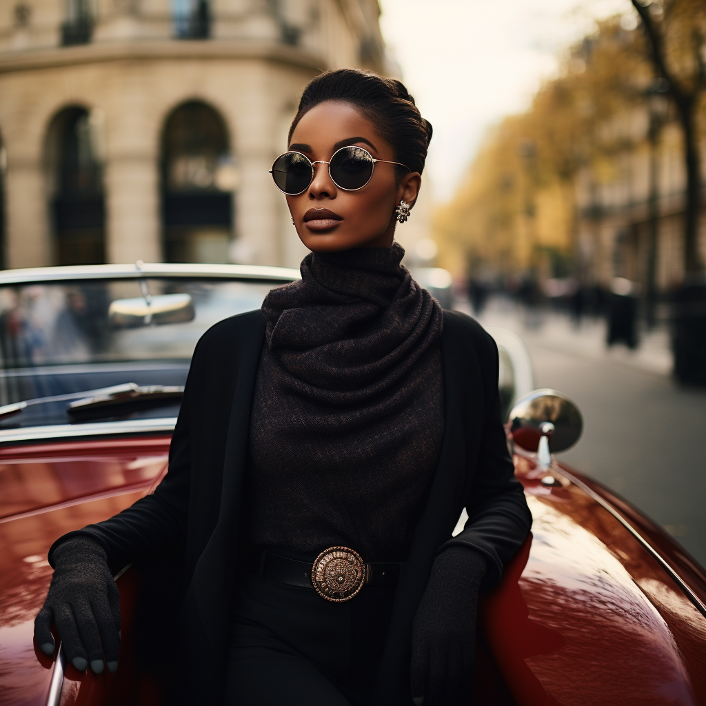 Black woman with scarf and sunglasses driving Porsche in Paris