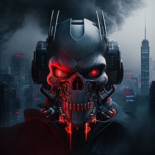 Black Skull Head with Red Eyes, Futuristic Gun