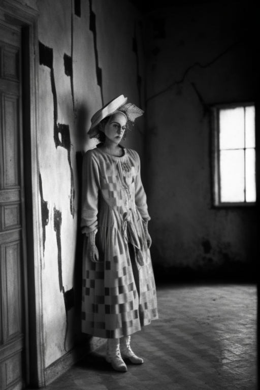 Woman wearing Harlequin costume in empty room