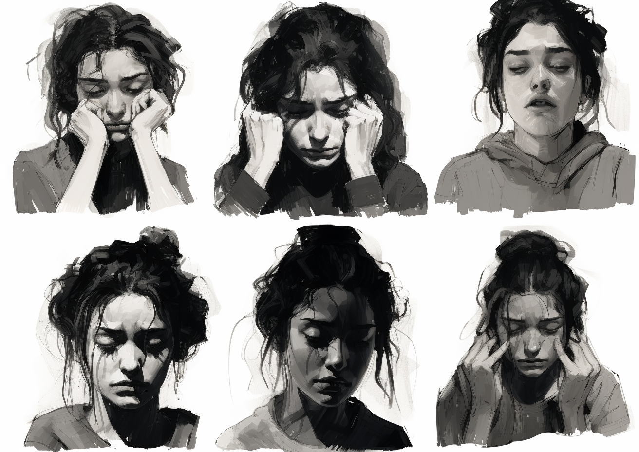 Black and white sketches of sad and anxious expressions