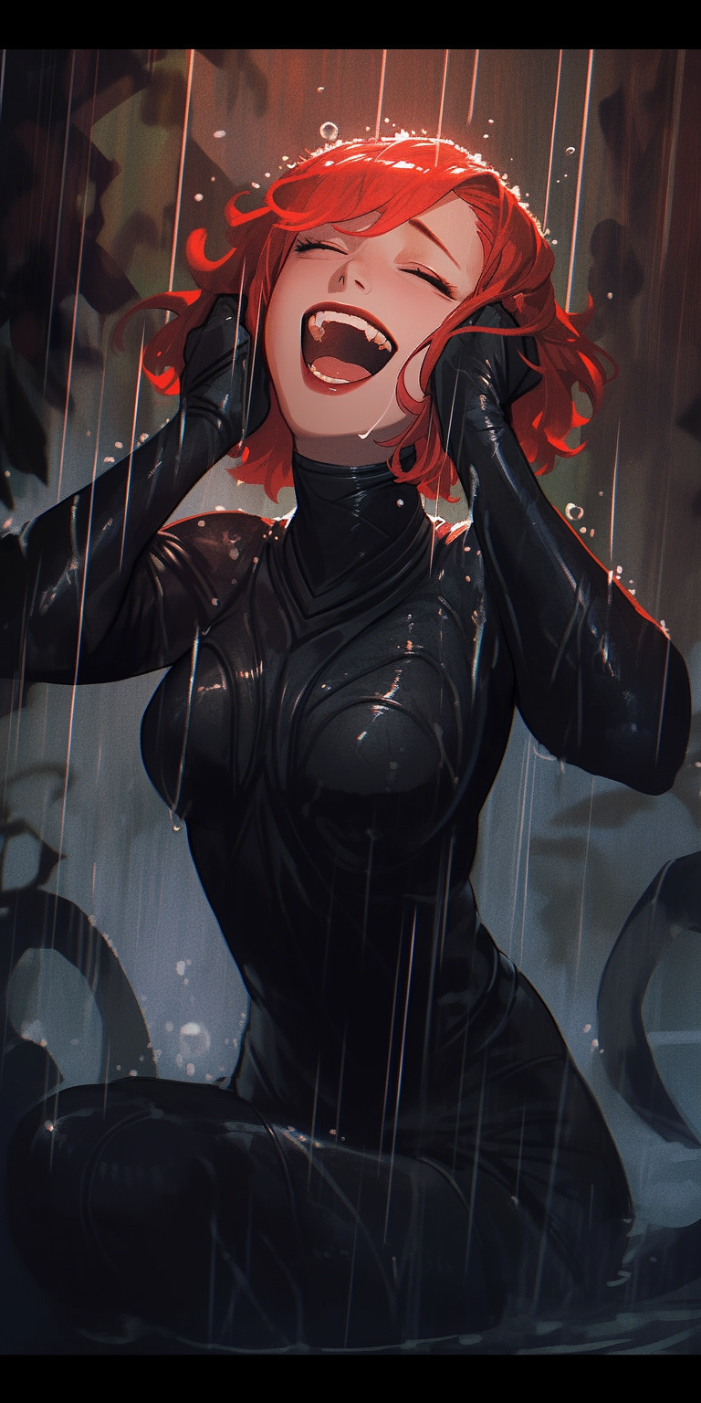 Soaking wet Black Widow vampire with fangs laughing