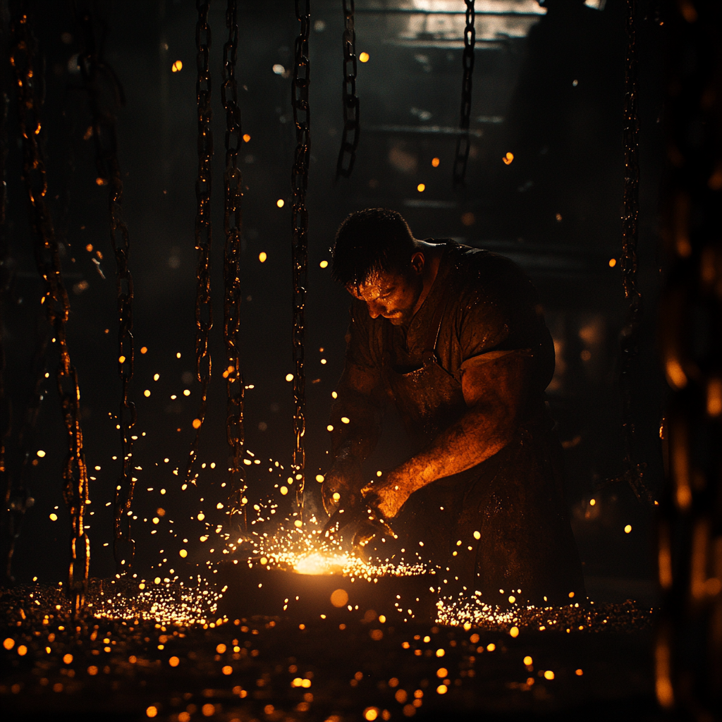 Strong Blacksmith Forging Sword Sparks