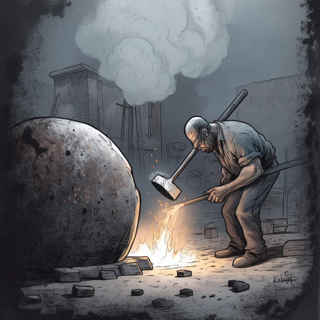 Dirty blacksmith hammering steel speech bubble on an anvil