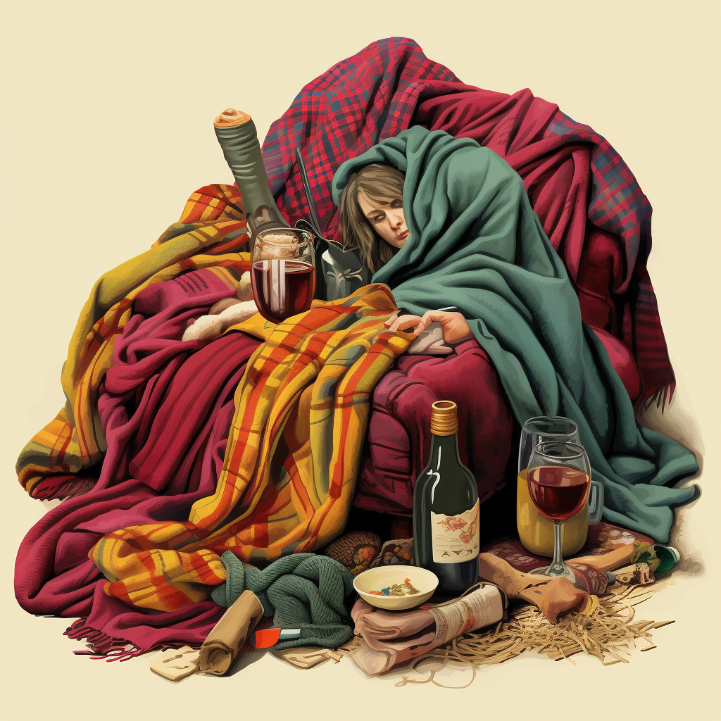 Person drinking wine from straw in blanket