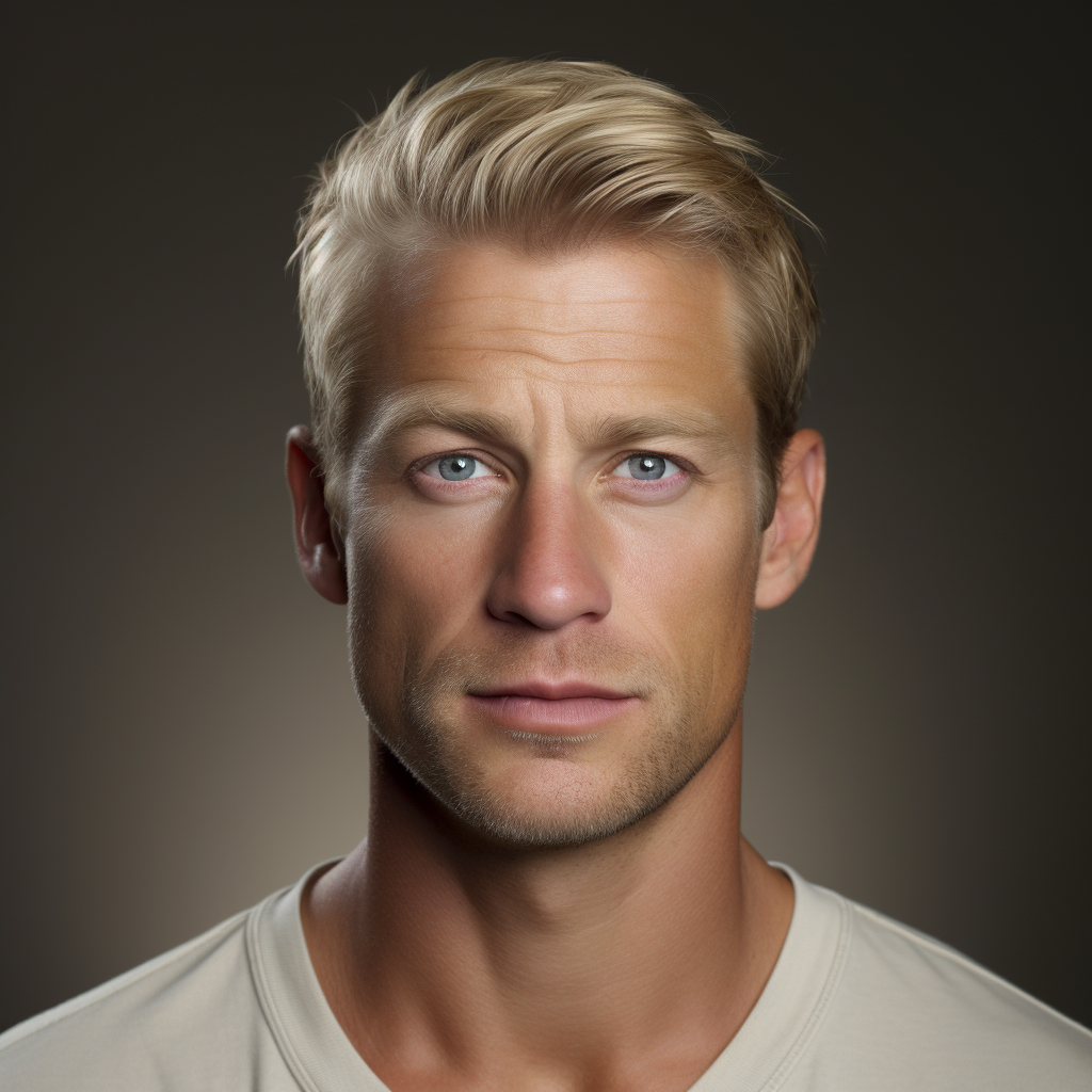 Image of a blond male with dimple in cheek, cinematic angle  ?