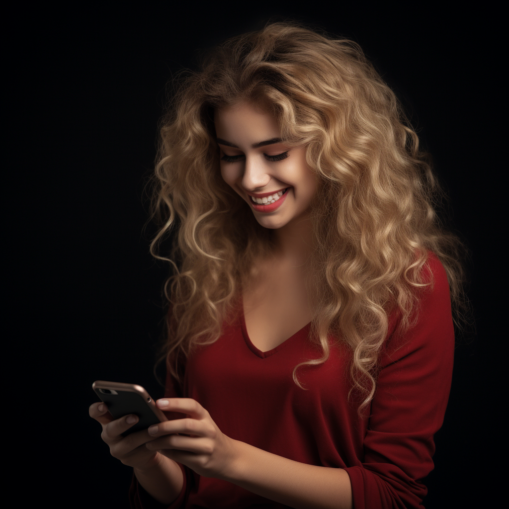 Woman with Blonde Curly Hair Typing with a Smile