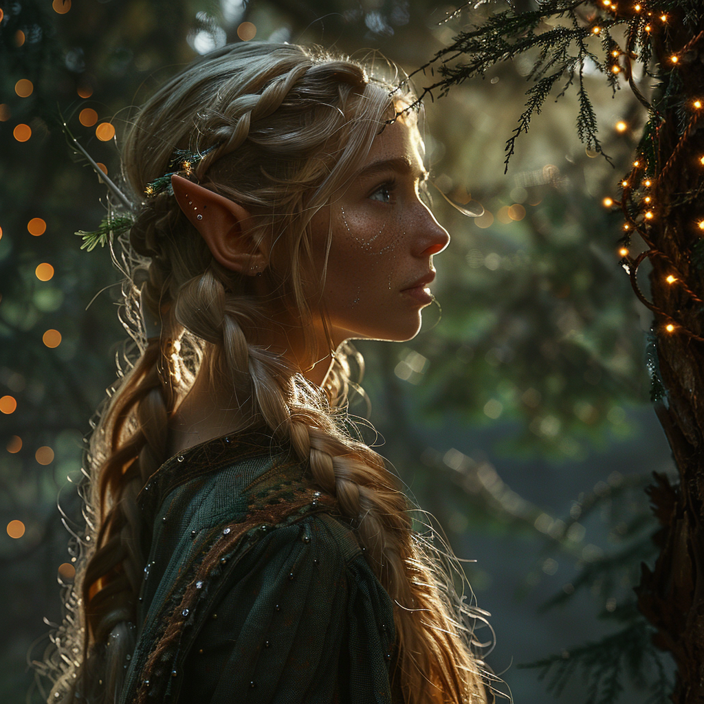 Blonde Elf Woman in Dark Pine Forest