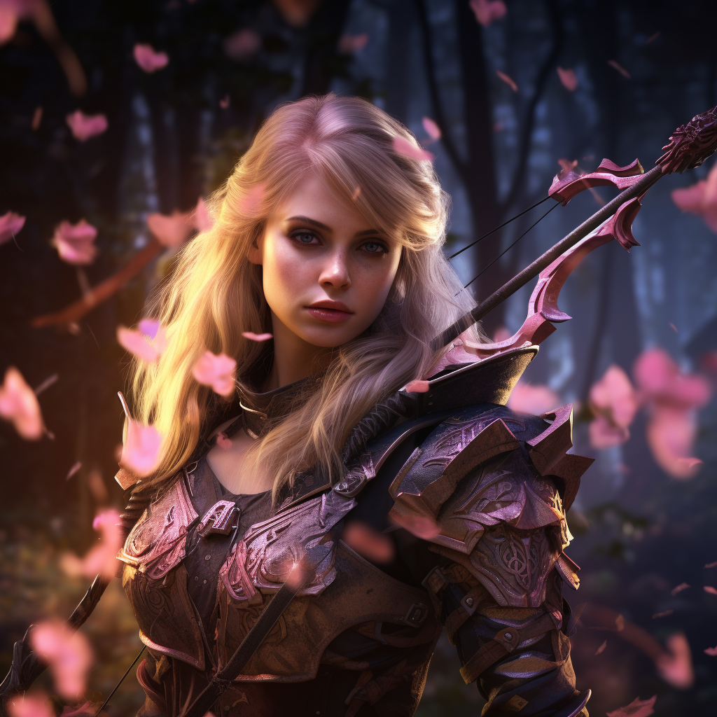 Blonde female ranger with bow in pink leaf forest