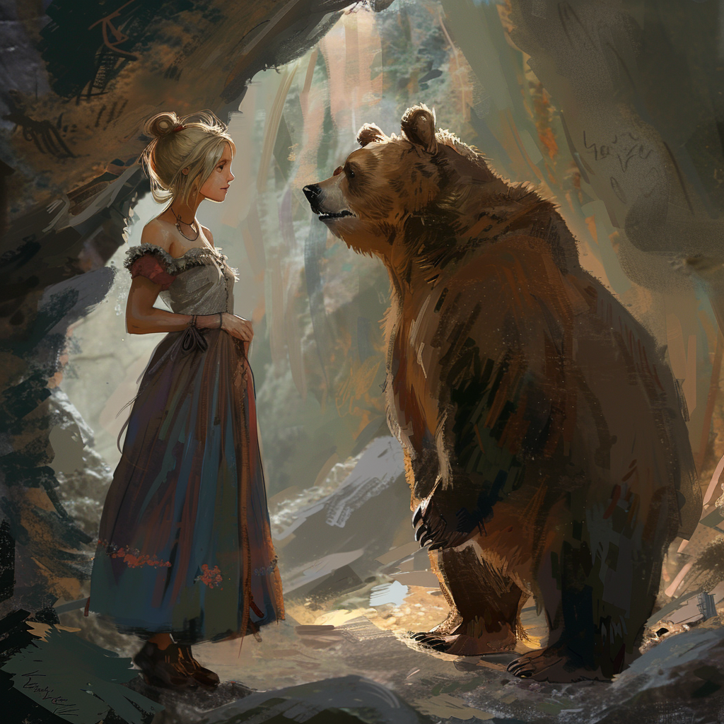 Blonde girl with bear in cave