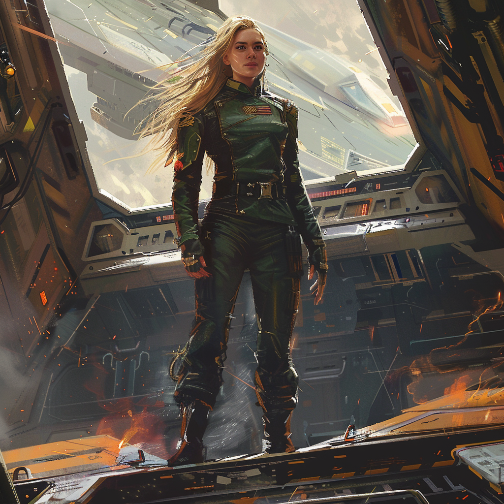 Blonde military commander spaceship painting