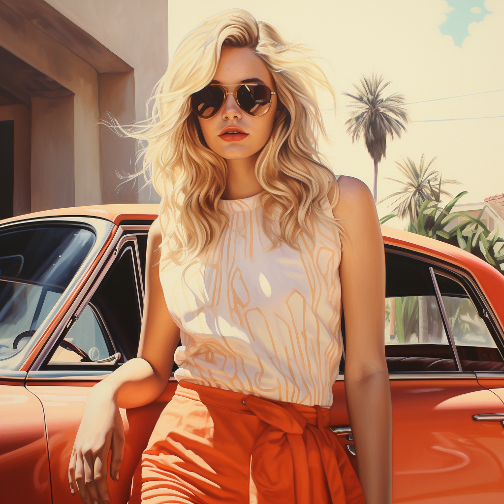 Blonde woman with beautiful car drawing